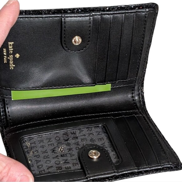 Kate Spade NY Wallet black Tellie leather glitter organizer billfold Tab close - Picture 4 of 8